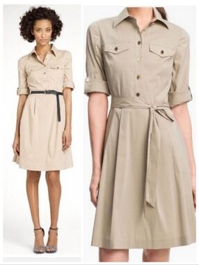 Tory Burch Blythe Khaki Safari Shirt Dress Resortwear Old Money Quiet Luxury 8
